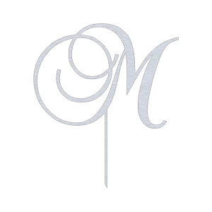 An aluminum cake topper featuring the letter 'M' in a swirling script style. The design includes intricate cutouts and elegant curves, with a stake for easy insertion into a cake. Displayed against a black background, highlighting its metallic finish.